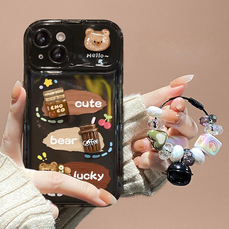 Applicable To Apple 15 Promax Mobile Phone Case IPhone 14 Coffee Bear Doll Pendant 13 Flip Mirror 12 Silicone