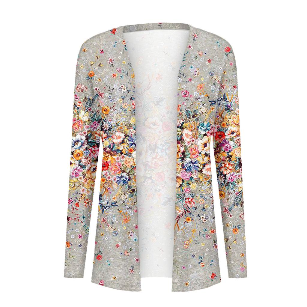 Modischer, lässiger, mittellanger Cardigan-Jackenmantel mit Blumendruck für Damen