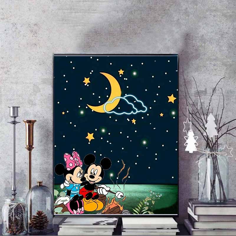 Disney Cartoon Diamond Painting Mickey and Minnie Moonlit Campfire Camping Healing Illustration 5D DIY Art CrossStitchKitMosaicEmbroideryHomeDecorGift