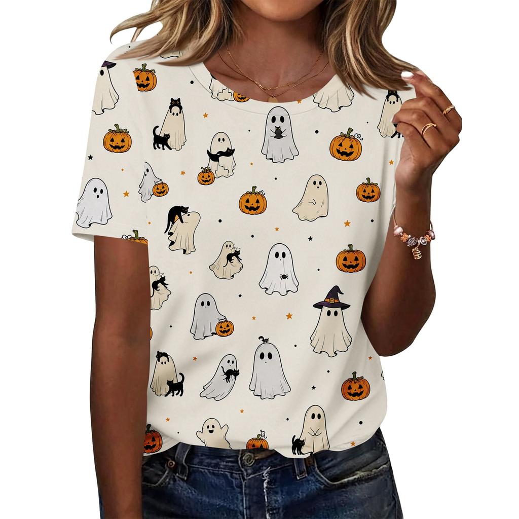 Women's Casual Loose Fit Halloween Print T-Shirt Short Sleeve Crew Neck Top Comfortable Lightweight Fabric All Over Graphic Design