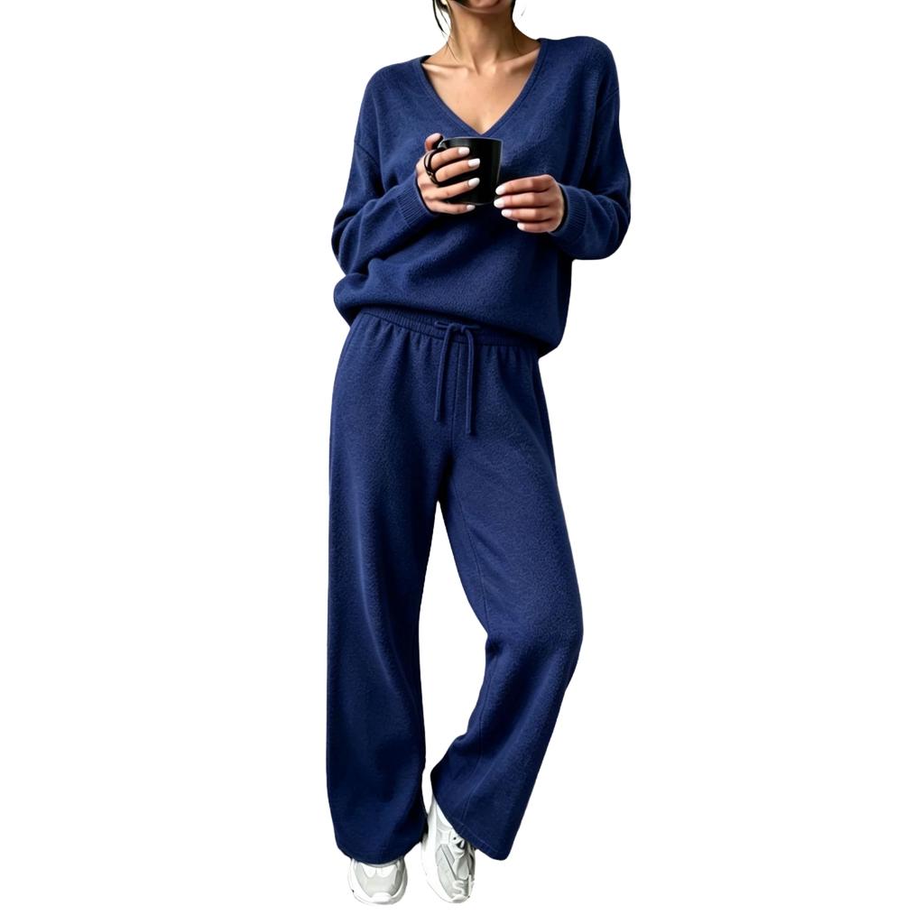 Women's Off-Shoulder Long Sleeve Cutout Knit Two-Piece Set Color Casual Outfit