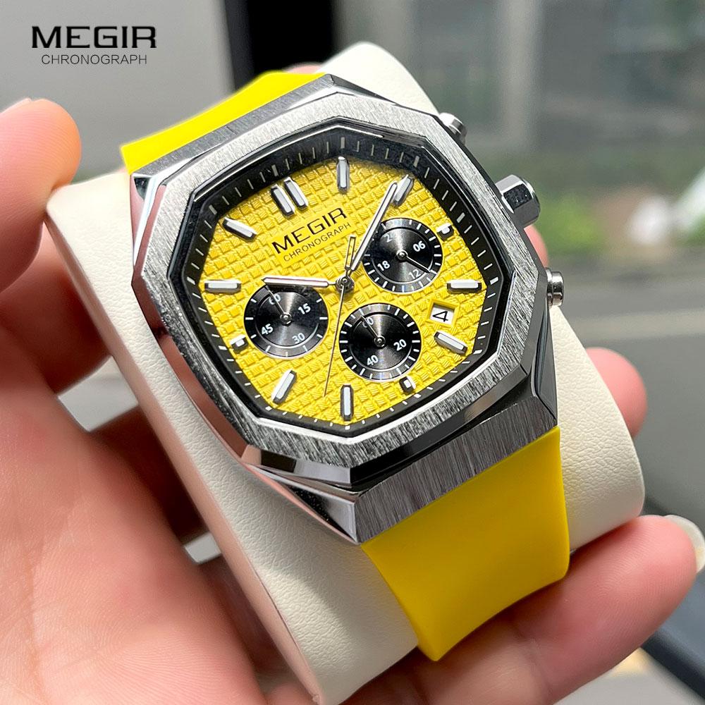 Megir Sport Watch Men Chronograph Quartz Wristwatch with Date Octagon Dial Luminous Hands Silicone Strap