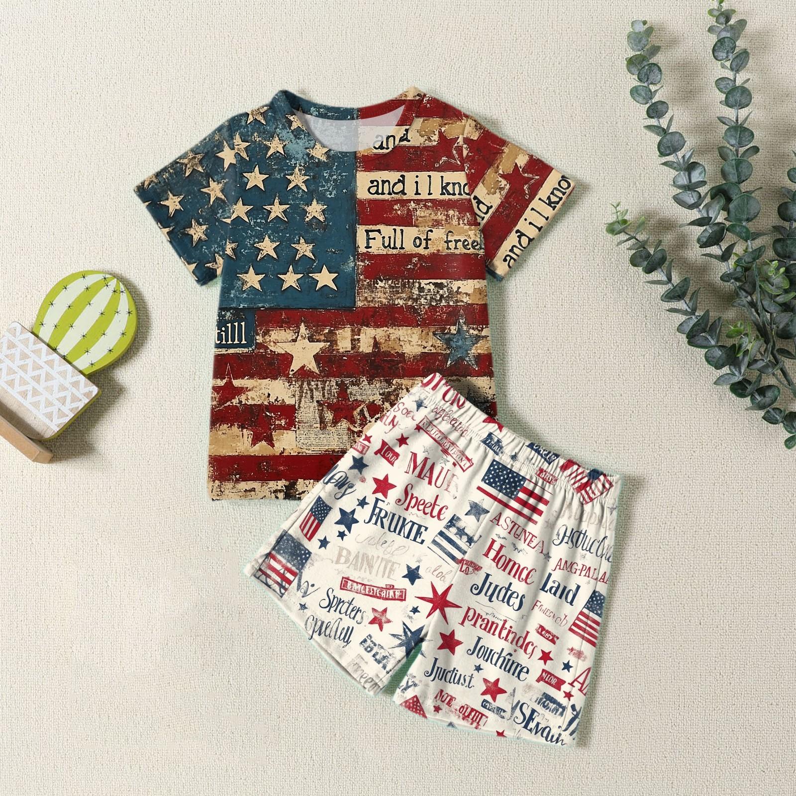 

Мода для мальчиков девочек Повседневный комплект ко Дню независимости: футболка с круглым вырезом и короткими рукавами, шорты 130 винный