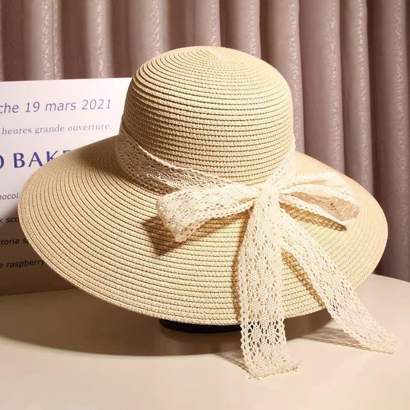 Flat-top straw hat women's straw top hat, new summer big-brimmed sun hat, seaside vacation sun hat