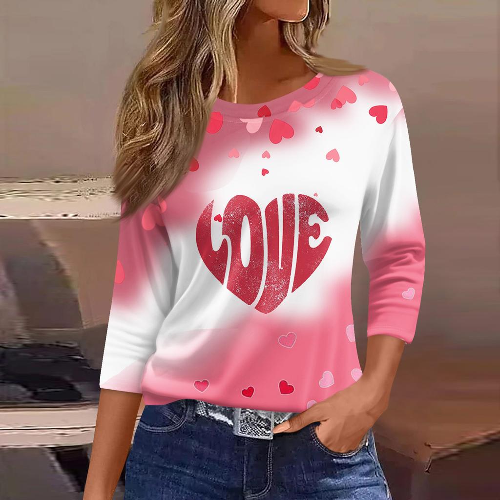 Women's Fashion Casual Round Neck 3/4 Sleeve Loose  Printed T-Shirt Ladies Top