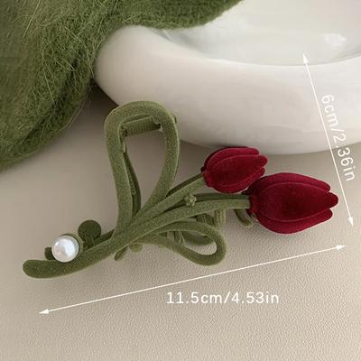 Retro Červený Sametový Tulipán Spona do Vlasů Sladká Dívčí Perlová Spona do Vlasů Design Sametový Tulipán Vlasy Elegantní Kovová Štípací Spona Vlasové Doplňky