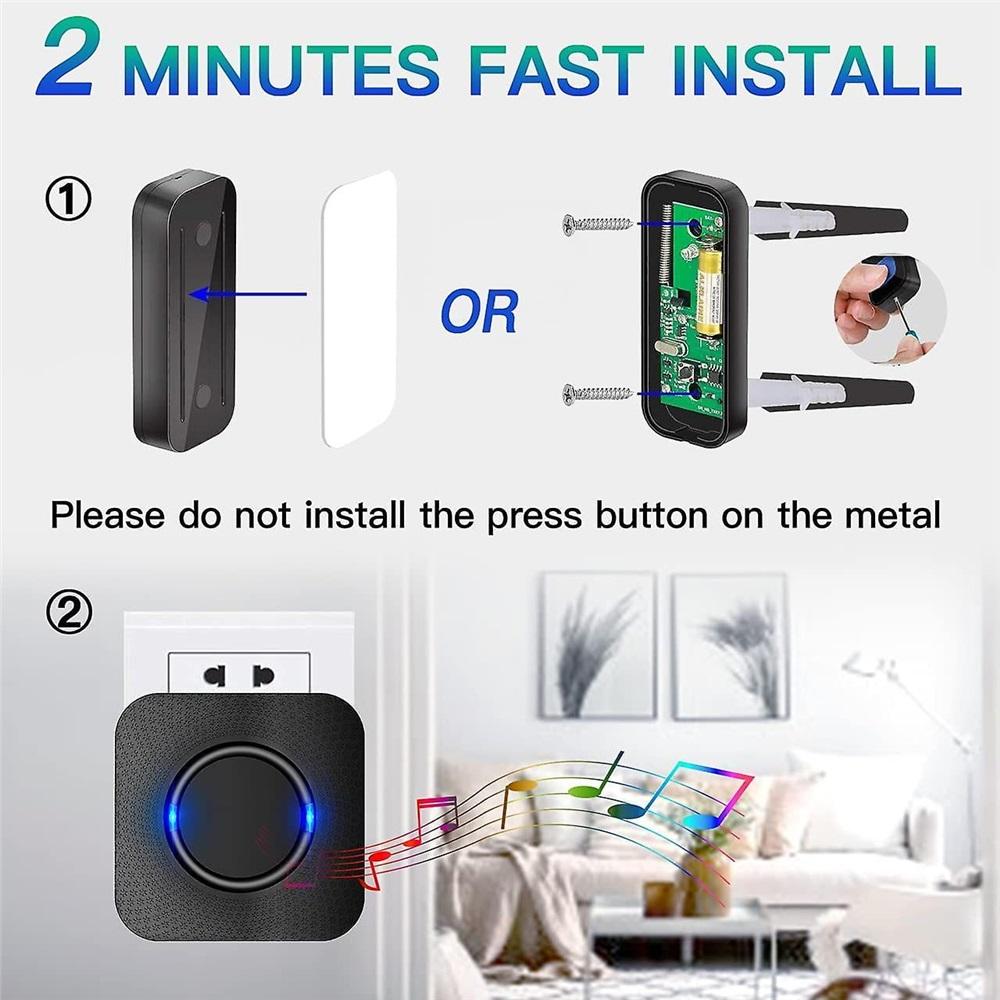 Wireless Doorbells,55 Melodies 5-level Volume And,ip55 Waterproof,with 300 Meters,led Flash,plug-in-black