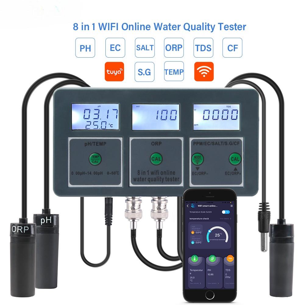 Water Detector 8 In 1 PH/ORP/EC/Salt/Temp/CF/S.G./TDS Meter, Data Logger By Tuya APP, High Accuracy Water Tester for Fish Pond, Aquariums Pool