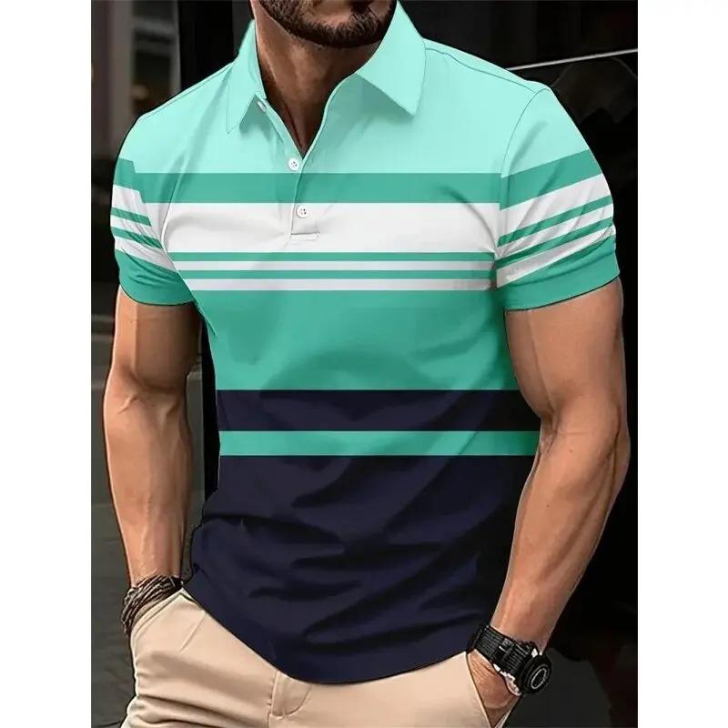 Men's Clothing Striped Polo T-shirt, Summer Short Sleeved 3D Printed