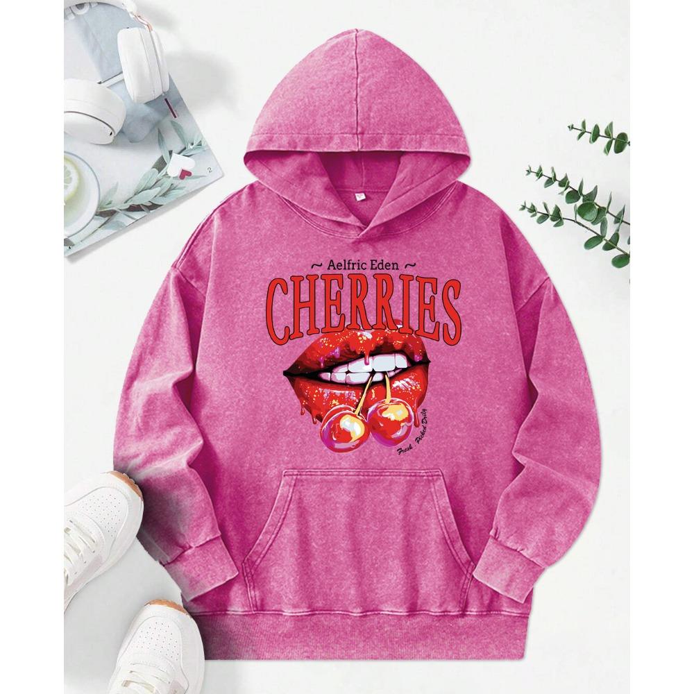 Cherries On The Lips Printing Female Washed Hoodies Fashion Cotton Hoody Creativity Multicolor Top Streetwear