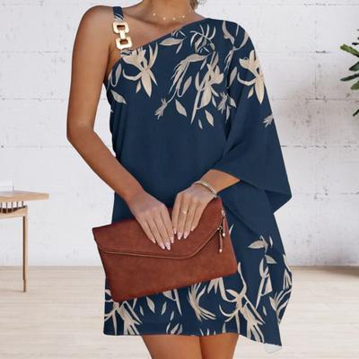 Bat Sleeve Off Shoulder Irregular Printing Slant Neck Loose Chain Decor Vacation Beach Mini Dress