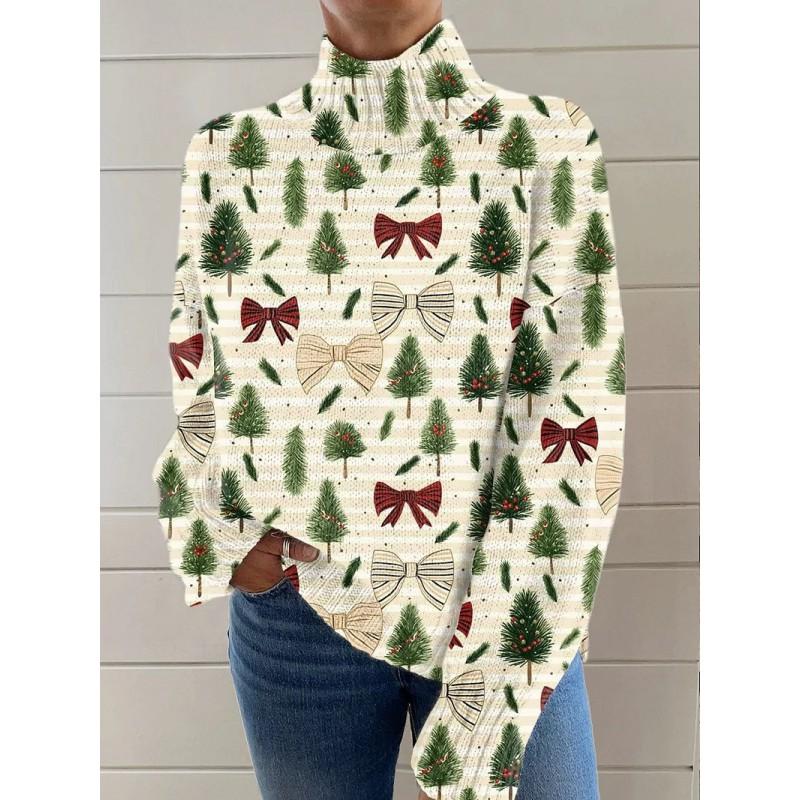Womens Christmas Print High Neck Sweater Loose Fit Casual Long Sleeve Top