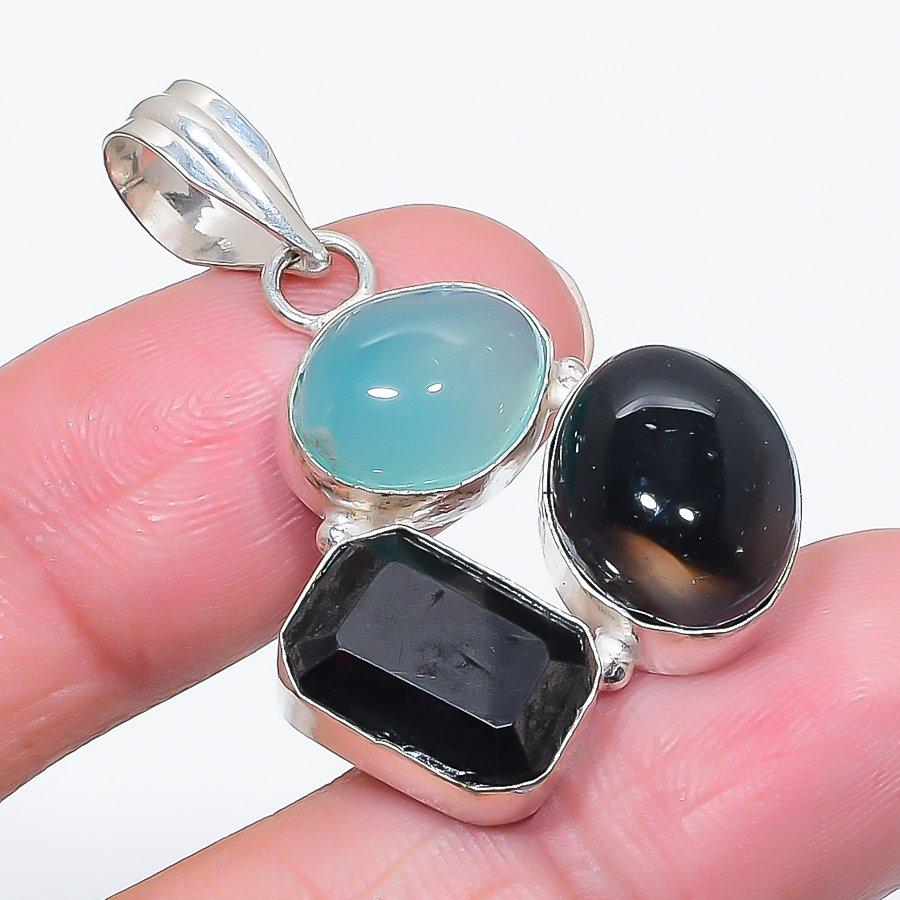 Natural Aqua Chalcedony, Topaz 925 Sterling Silver Jewelry Pendant 1.58" d0M15