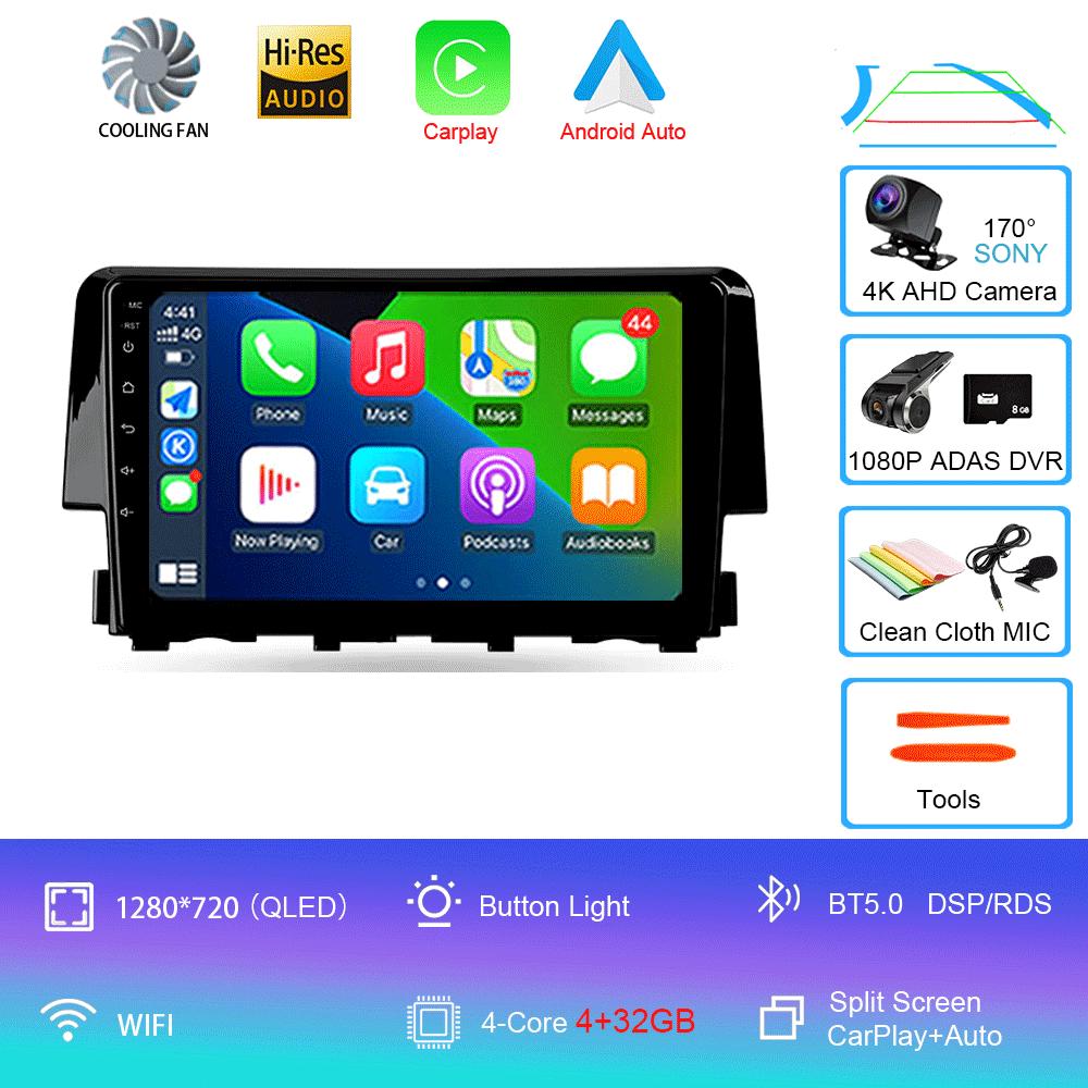 Android 14 Car Radio Carplay Auto For Honda Civic 2016 2017 2018 - 2021 GPS Multimedia WIFI+4G Head Unit BT Player Stereo Video