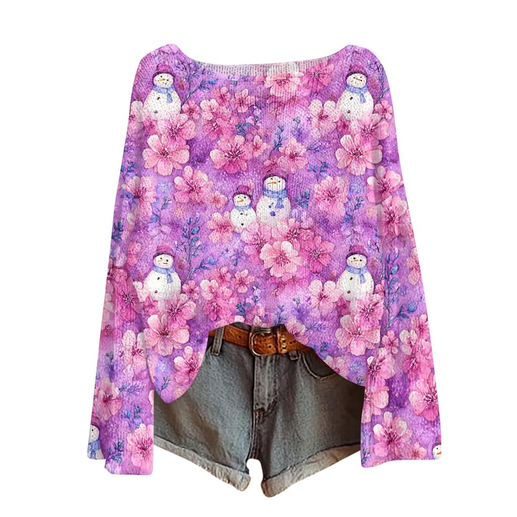 Womens  Fall Sweaters Long Sleeve Print Tops Pullover Sweaters Loose Dressy Casual Basic Clothes