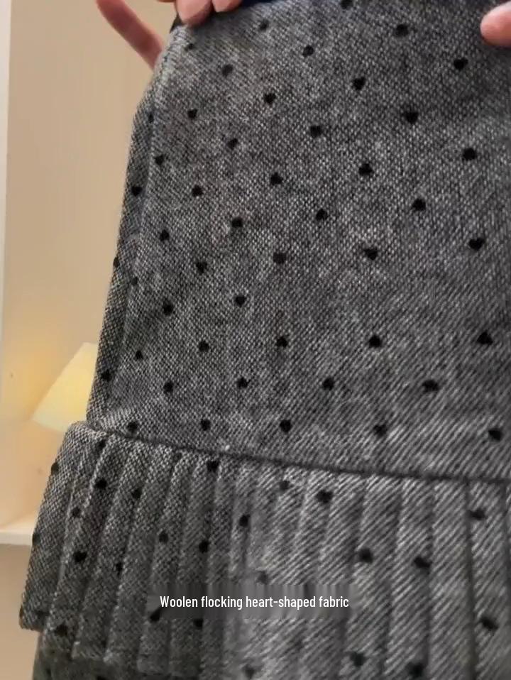 Plus Size A-line Polka Dot Wool Pleated Skirt - High Waist, Slimming, Spring/Autumn Wear