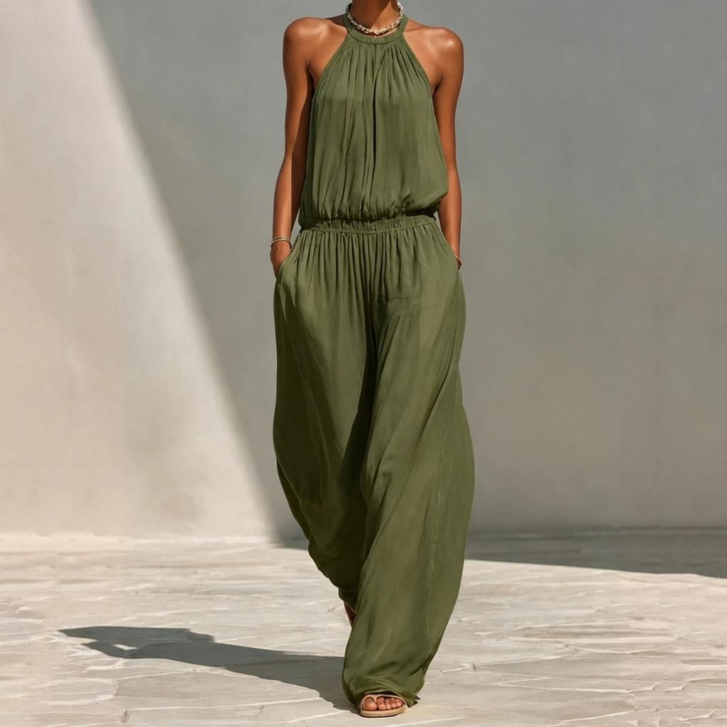 Women's Neck Loose Wide Leg Jumpsuit Vacation Beach Casual Romper for Summer