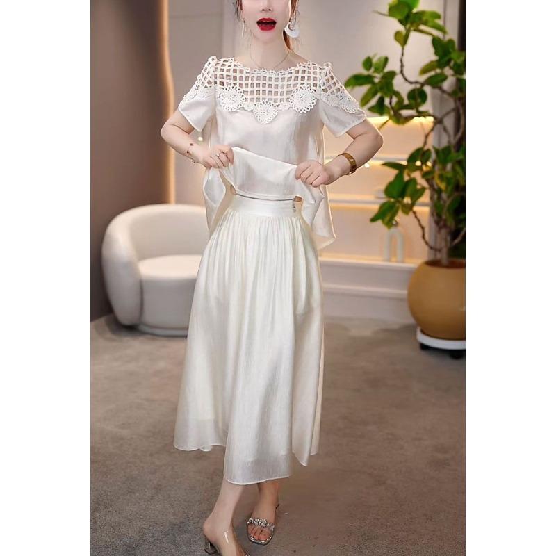Summer Two Piece Set Lace Hollow Out Top and Skirt Fashionable Outfit Unique Design