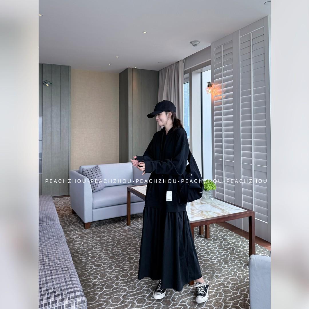 

PEACHZHOU Hooded Terry Cloth Sweatshirt Dress with Label Abrasion and Buckle Cuff Patchwork XL чёрный