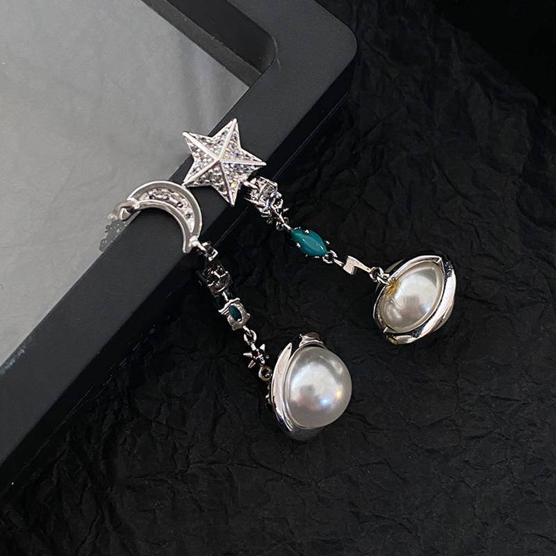 Moon Pentagram Earrings Long Tassel Design Sense High-End Earrings Fashion Personality Pearl Earrings