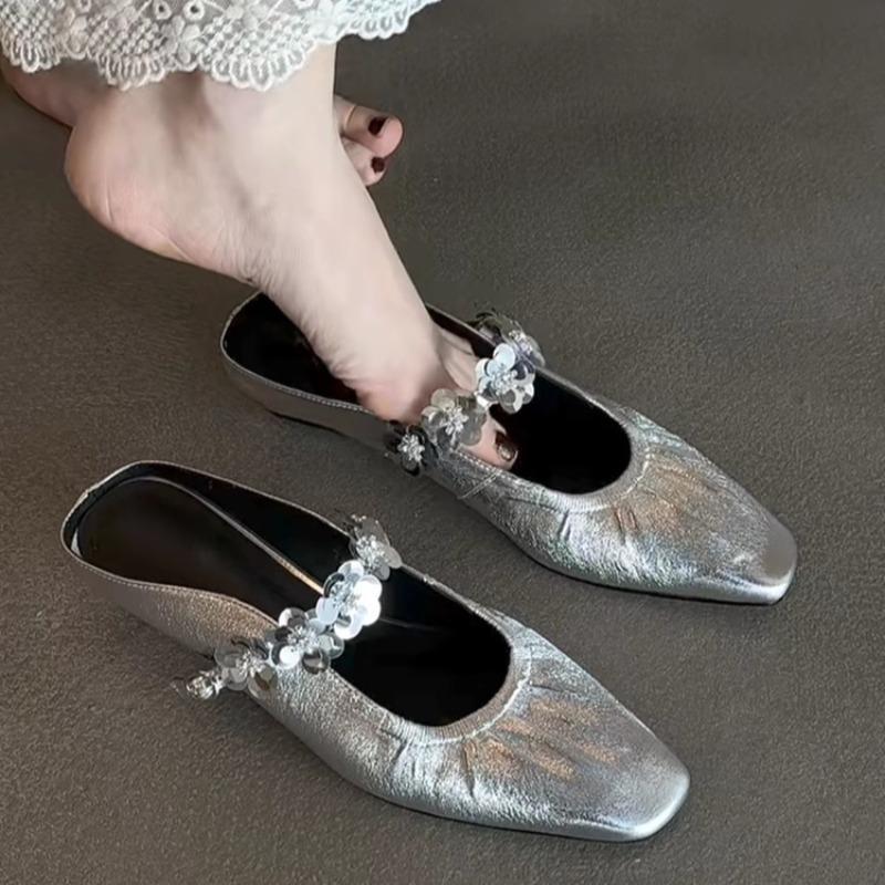 Bright Leather Flower Slip Slippers Summer New Square Toe Shallow Mouth Inside Heightened Pleated Wrapped Toe Sandals