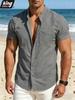Camicia da Uomo in Misto Lino con Collo alla Mandarina - Manica Corta Button-Up con Taschino sul Petto Top Casual Estivo per Vacanze al Mare