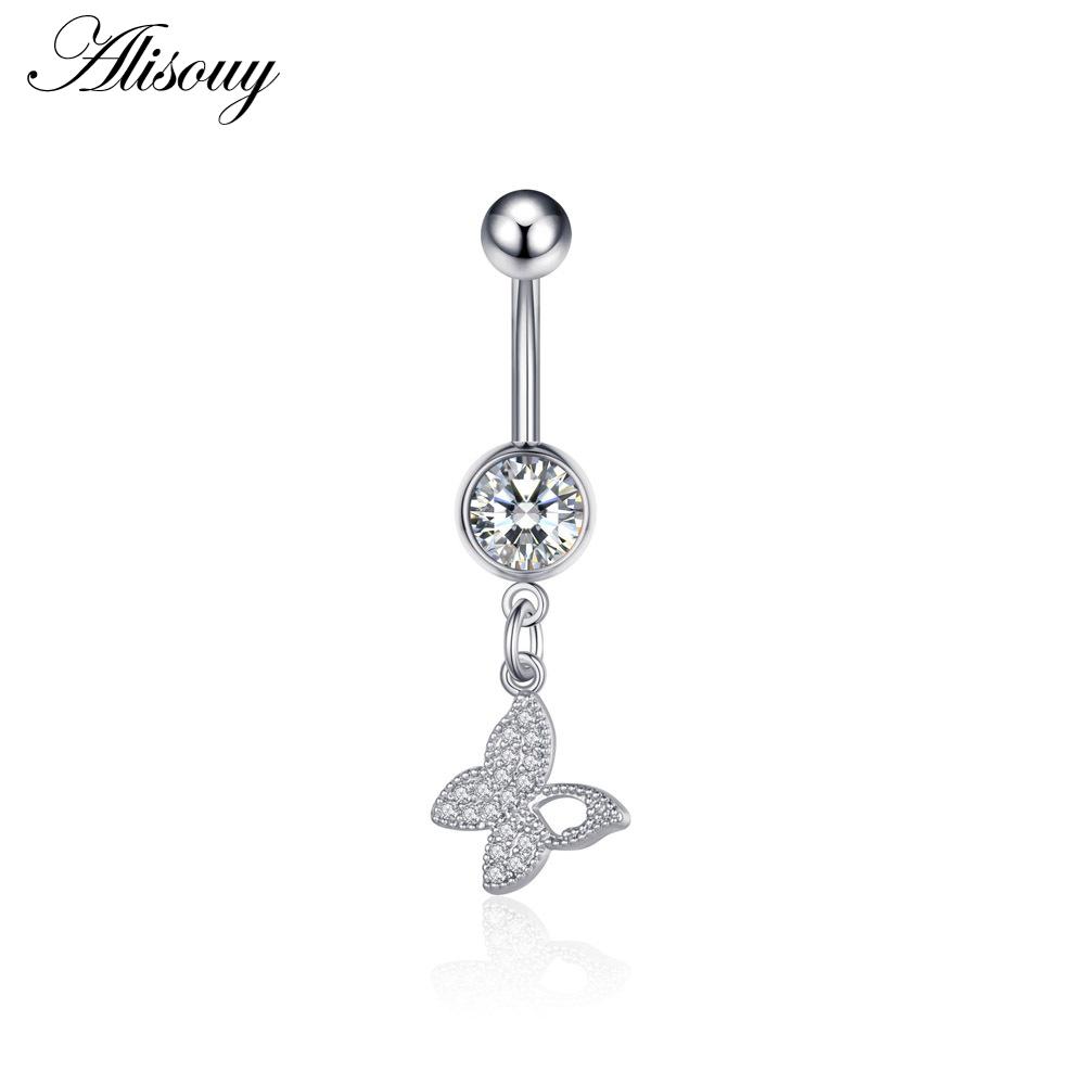 Alisouy 1pc Zircon Sexy Long Belly Ring Star Sun Moon Heart Navel Piercing Surgical Steel Women Belly Button Ring Navel Jewelry