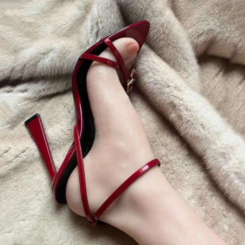 Summer Sandals Women New One Line Strap Super High Heel Sandals Women's Pointed Thin Heels Banquet Red Simple High Heels
