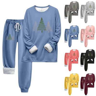 Two Piece Outfits For Women Warm Fleece Lined Jogger Set Crewneck Long Sleeve Christmas Printed Sweatshirts Drawstring Waist Sweatpants