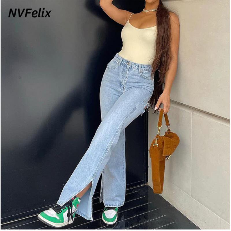 European-American High-Waisted Stretch Ripped Split-Ankle Denim Pants for Women S