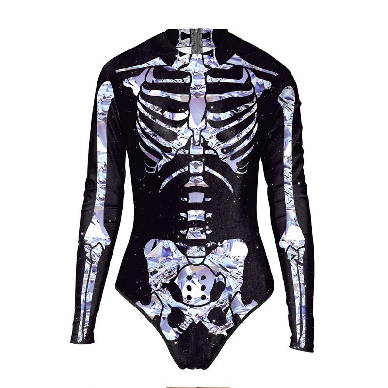 Halloween night new party performance clothes party skeleton body print one-piece triangular swimsuit women