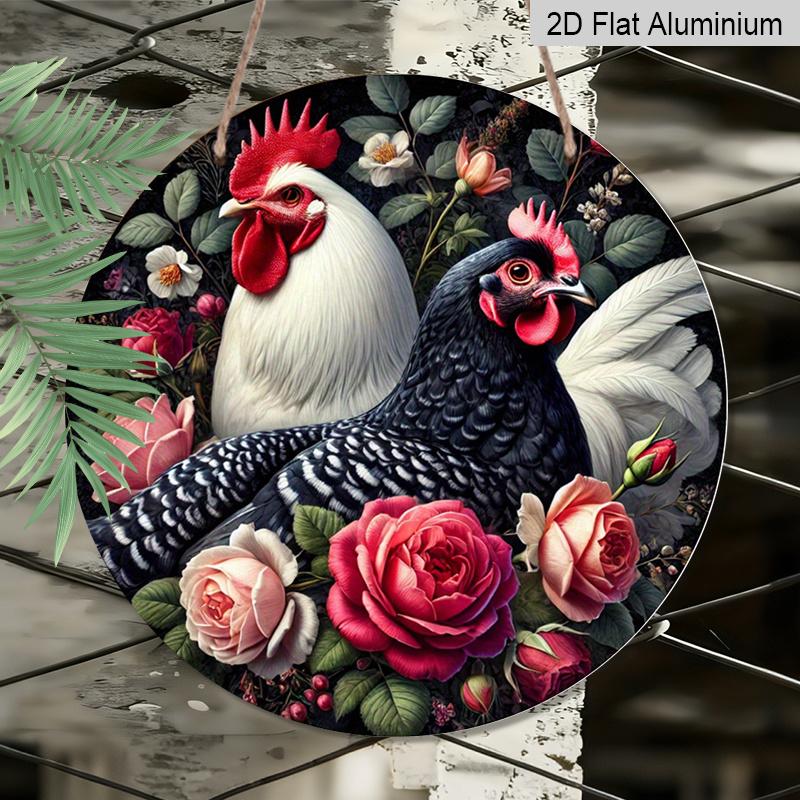 2D Flat 1pc, 8x8 In, Round Chicken Wreath Aluminum Metal Decorative Signs & Plaques - Vintage Farmhouse Wall Decor with Colorful Rooster & Floral