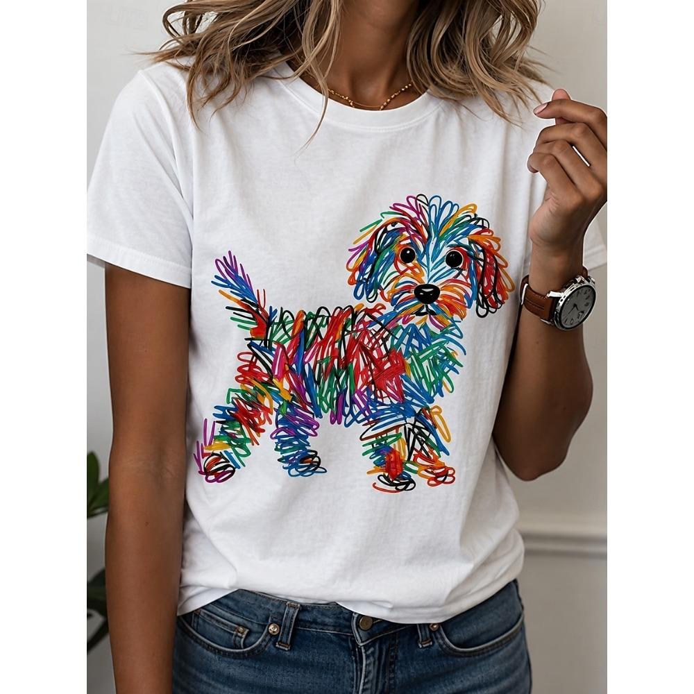 Women's T Shirt Print Graphic Animal Dog Stylish Classic Casual Short Sleeve Crew Neck Regular Tops Casual Daily Rainbow Summer Spring