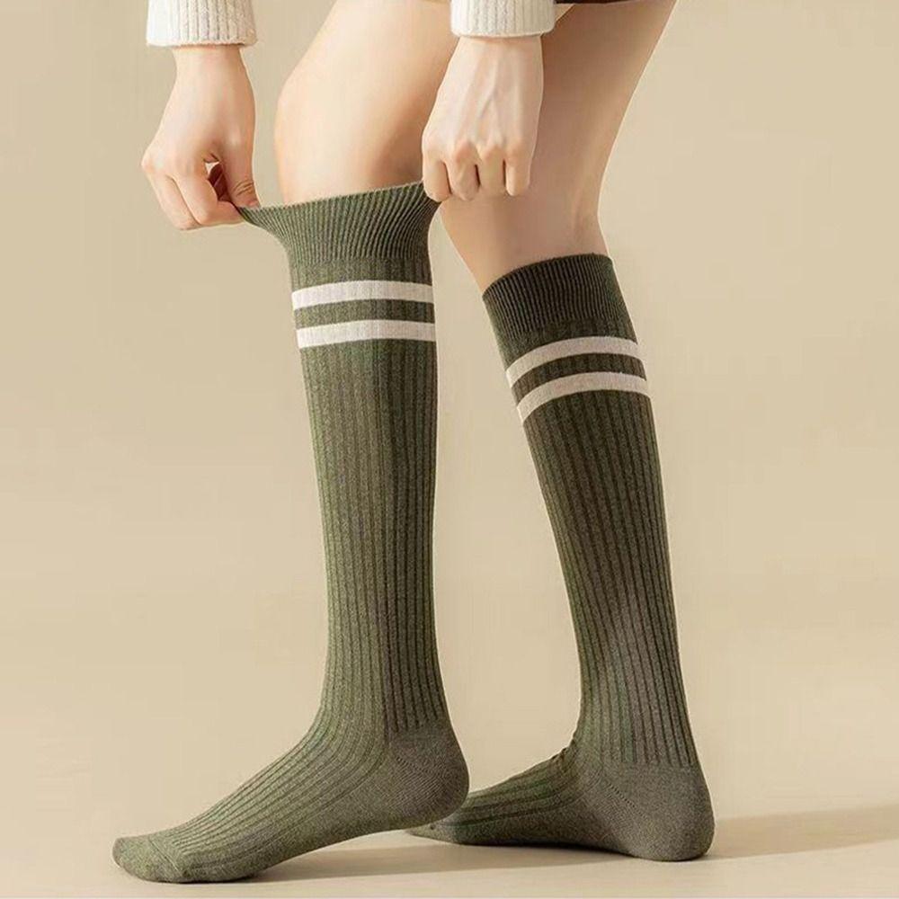 Solid Color Stripe Calf Socks Cotton Women Stockings Elastic Female Hosiery  Daily