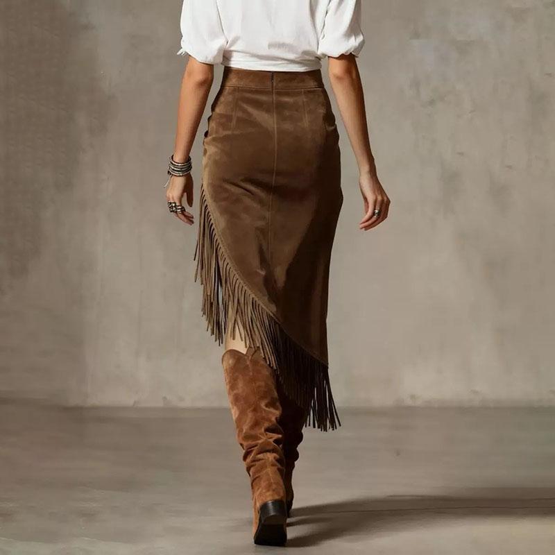 Solid Color Faux Suede Fringe Skirt Women'S High Waist Asymmetrical Western Boho Skirt