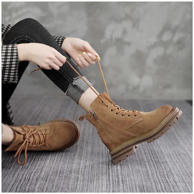 Fashion Women Boots Fashion Retro Leather Platform Round Toe Booties Brown High Quality Heightening Tooling Women Ankle Boot Botas Mujer