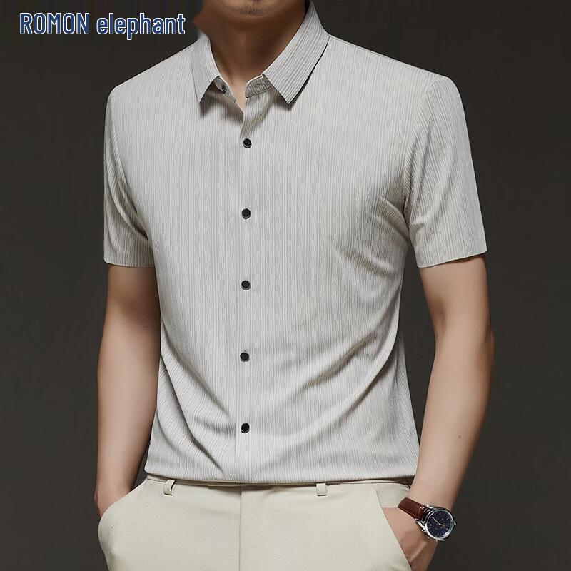 ROMON Men s Summer Casual Versatile Short-Sleeve Jacquard Shirt 50