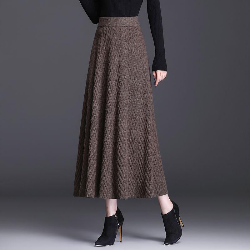 Herbst Winter Damen Verdickter Gestrickter A-Linien Midirock Hohe Taille Slim-Fit Plissierter Ausgestellter Rock