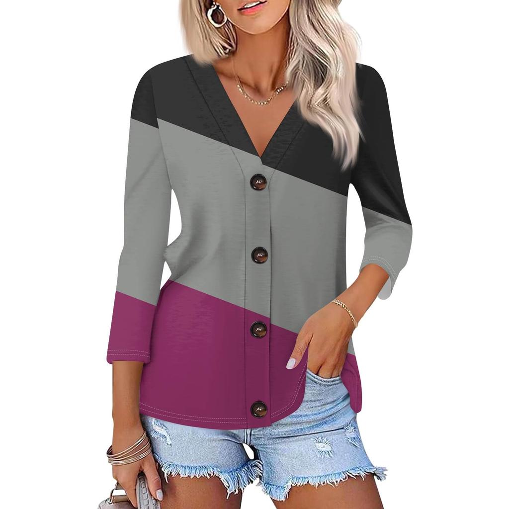Women's Fashion Casual Striped Geometric Print Button-Down Shirt Three-quarter Sleeve Cardigan Top