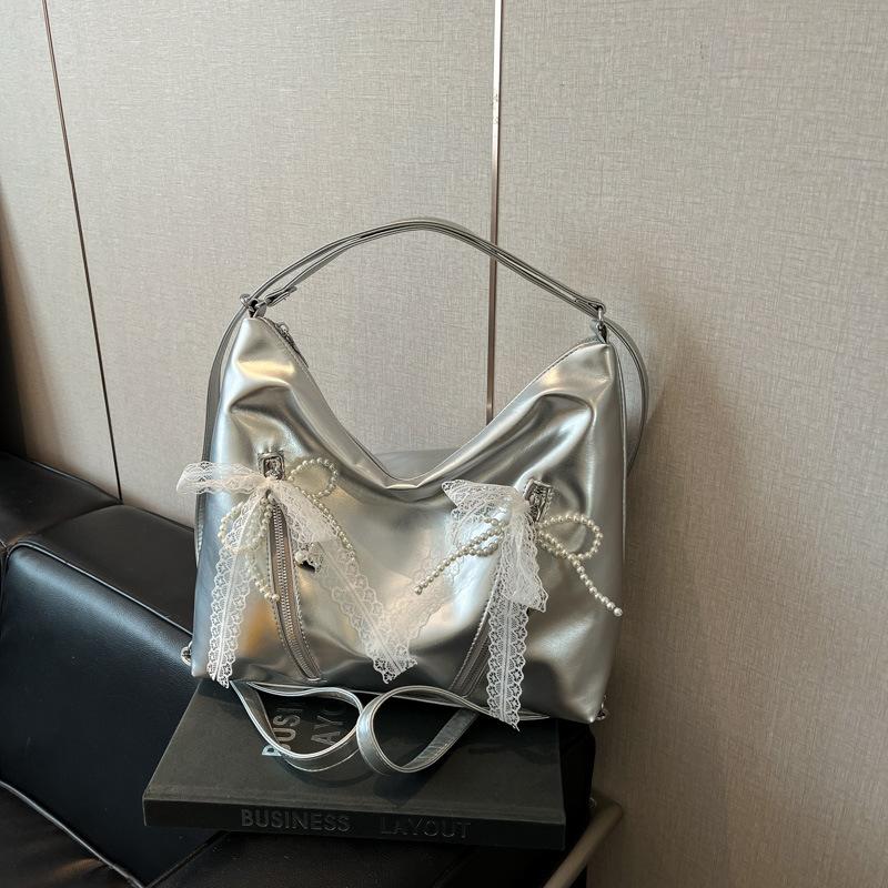 

Fashionable girly bow tote bag niche design big bag women s 2025 new fashion commuter shoulder bag серебряный