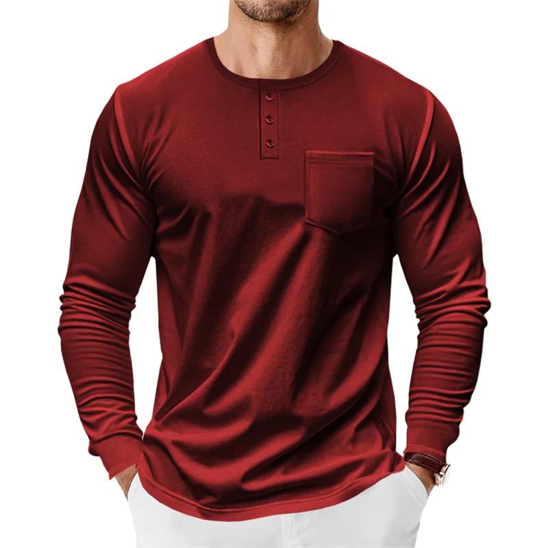 

Spring Autumn Men s Pure Color Henry Collar T-Shirts Breathable Pocketed Pullover Men Casual Long Sleeve Tops L червоний