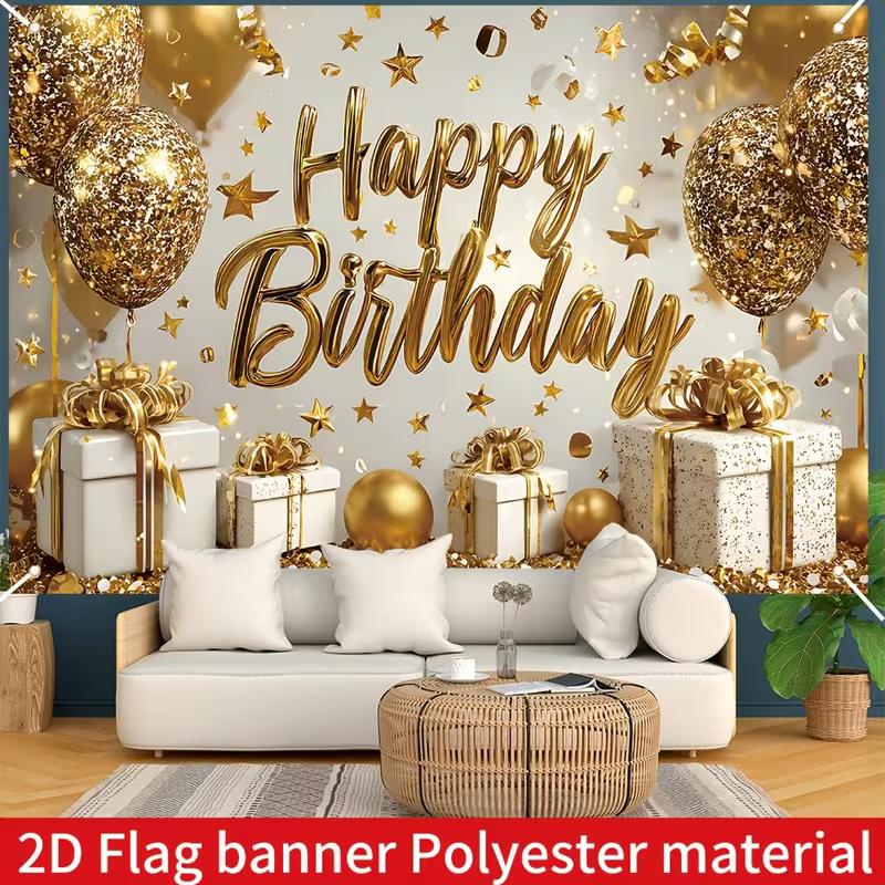 2D Happy Birthday Backdrop, Gold Glitter Balloon Gift Box Photography Background Banner