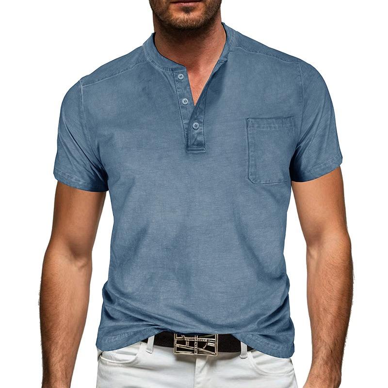 Men Black Washed Henley Neck Short Sleeve Chest Pocket Casual T Shirt