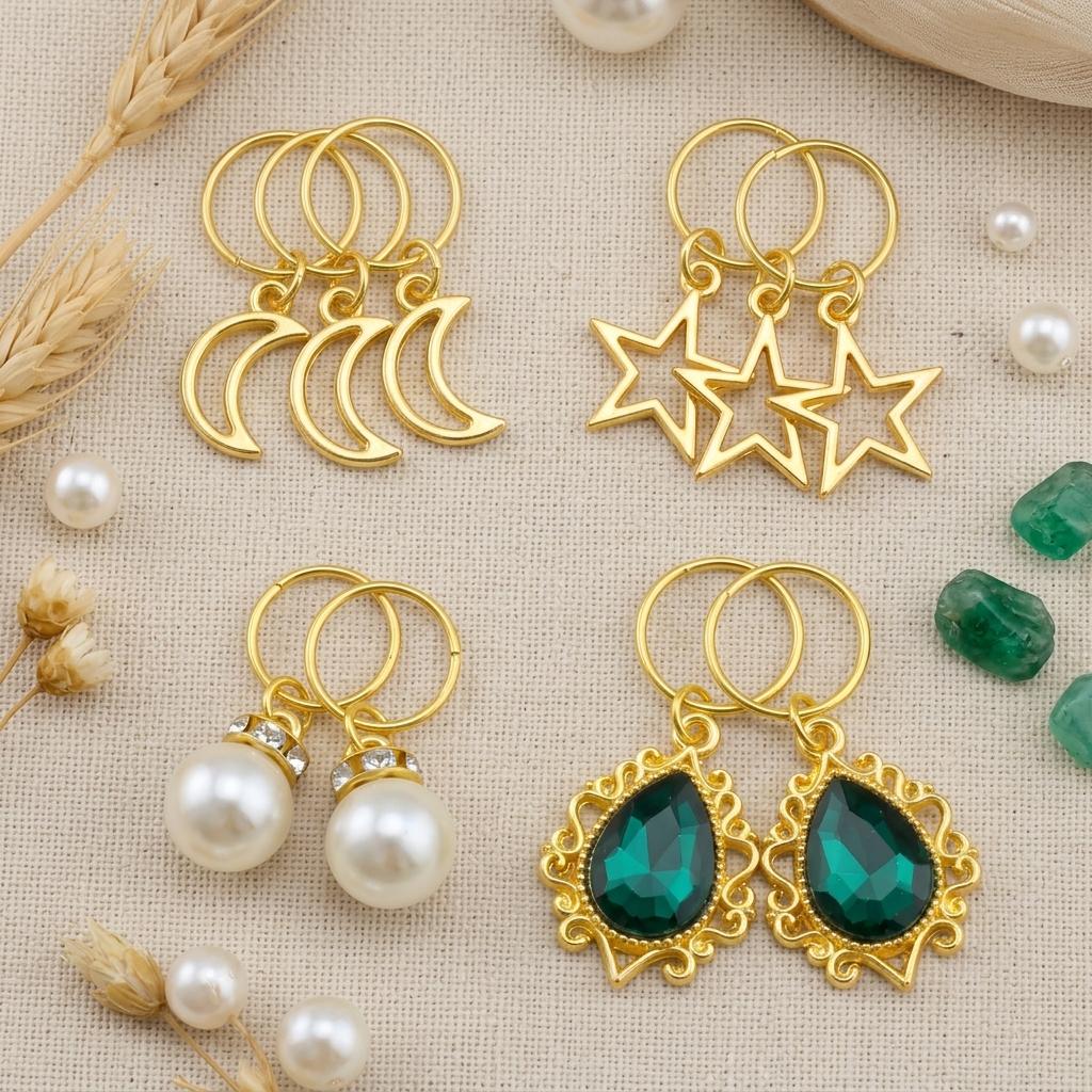 Bohemian Style Green-Gem Pearl Hair Ring with Moon Star Pendant for Women Retro Sweet Wreath Headwear