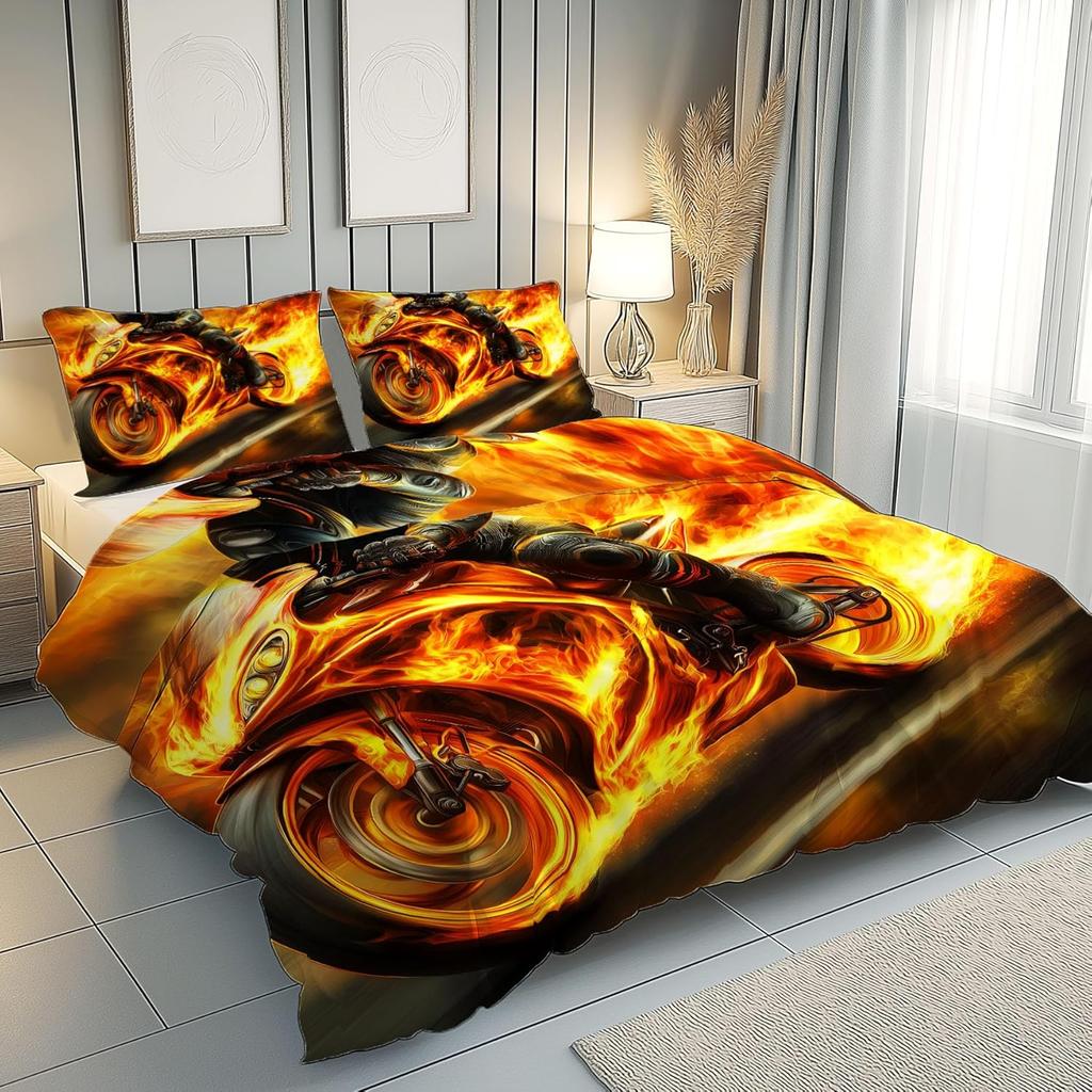 Flame Motorcycle Pattern Bedding Set, Motorcycle Duvet Cover with Pillowcase and Zipper,Soft Kids Teen Boys Bedding Set 2 Pcs