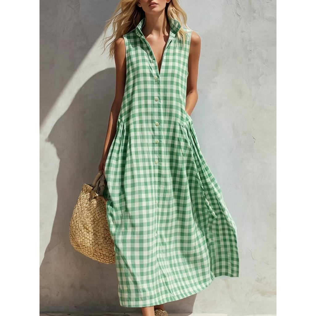 Women's Collar Sleeveless Loose Straight Waist Gingham Plaid Button Front Maxi Dress Beach Vacation Sundress