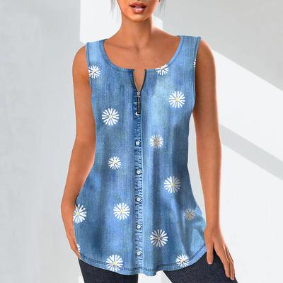 Women's Fashion V Neck Shirts Casual Tops T-shirt Ladies 3D A Small White Flower Print Vest Plus Size Sleeveless Blouse Tank Tops