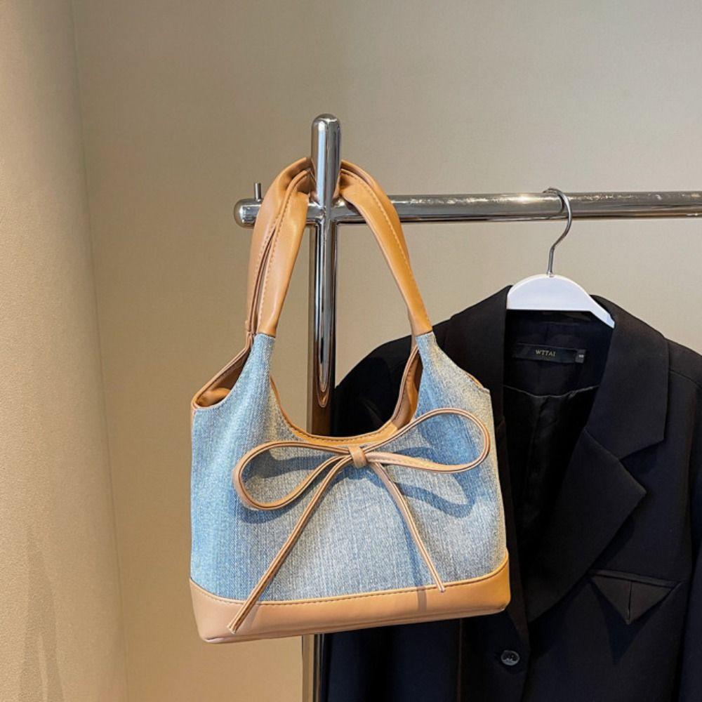 

Elegant Bow Tie Shoulder Bag Bowknot Canvas Tote Bag Simple Handbag Girls Black-Small