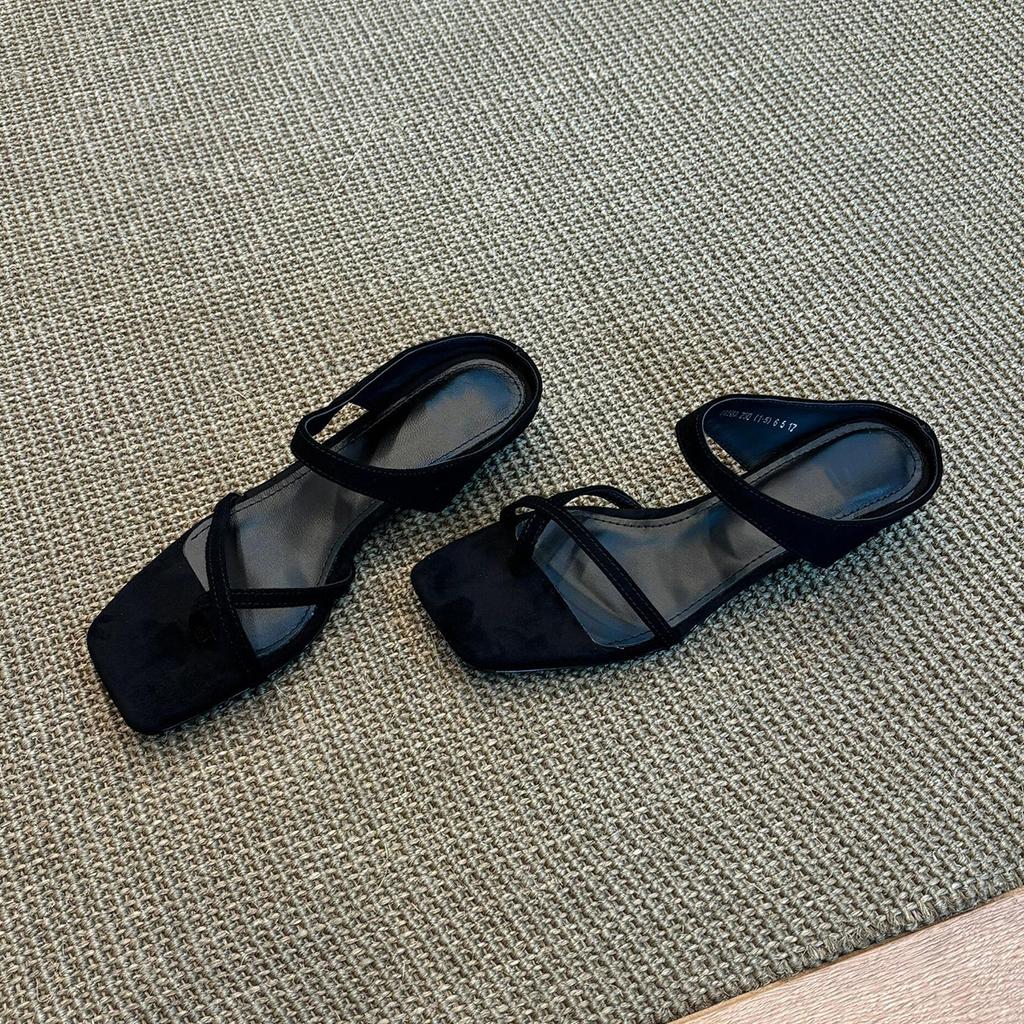 Simple casual cover toe with sandals summer square head slope heel outside wear cool slippers