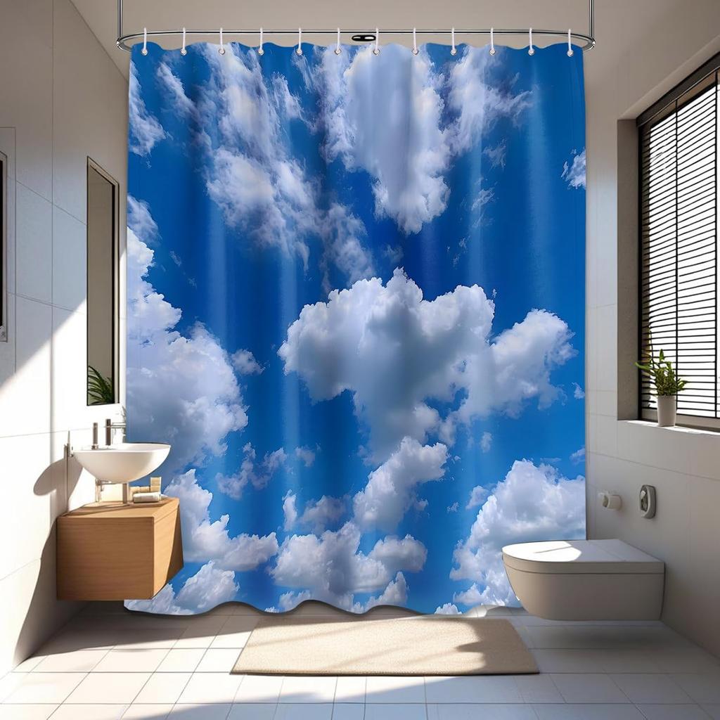 Blue Sky Shower Curtain White Clouds Nature Scenic Landscape Bathroom Decor, Waterproof Cloth Fabric with Hooks, 72x72 inch